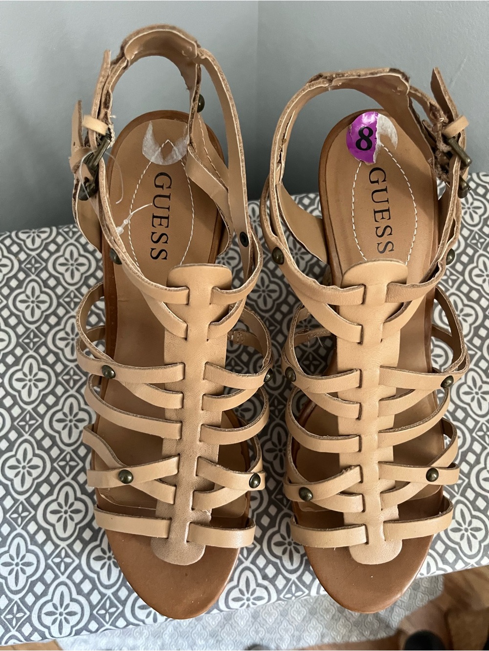 GUESS Beige Strappy Gladiator Heels with Stud Accents